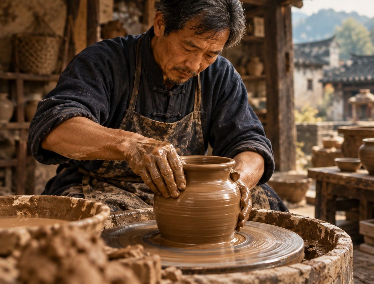 乡村陶艺匠人手工制陶
