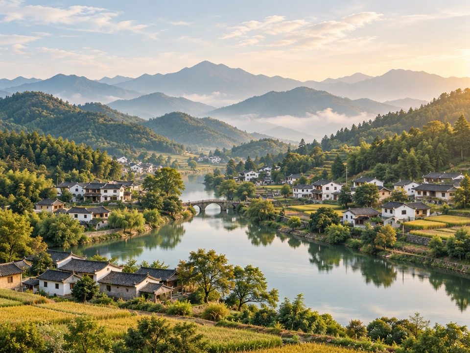 依山傍水的整洁村庄全景